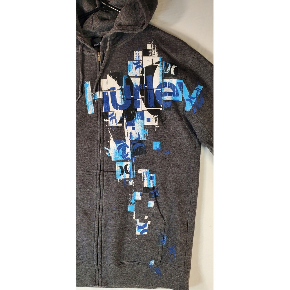 Hurley Mens Full Zip Hoodie Charcoal Grey Blue Graphic Logo Fleece Sweatshirt M - Picture 8 of 8